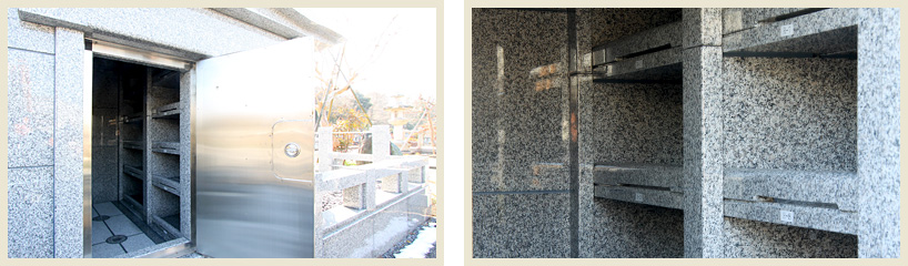 （左）永代供養墓裏側の写真（右）内部  納骨棚の写真